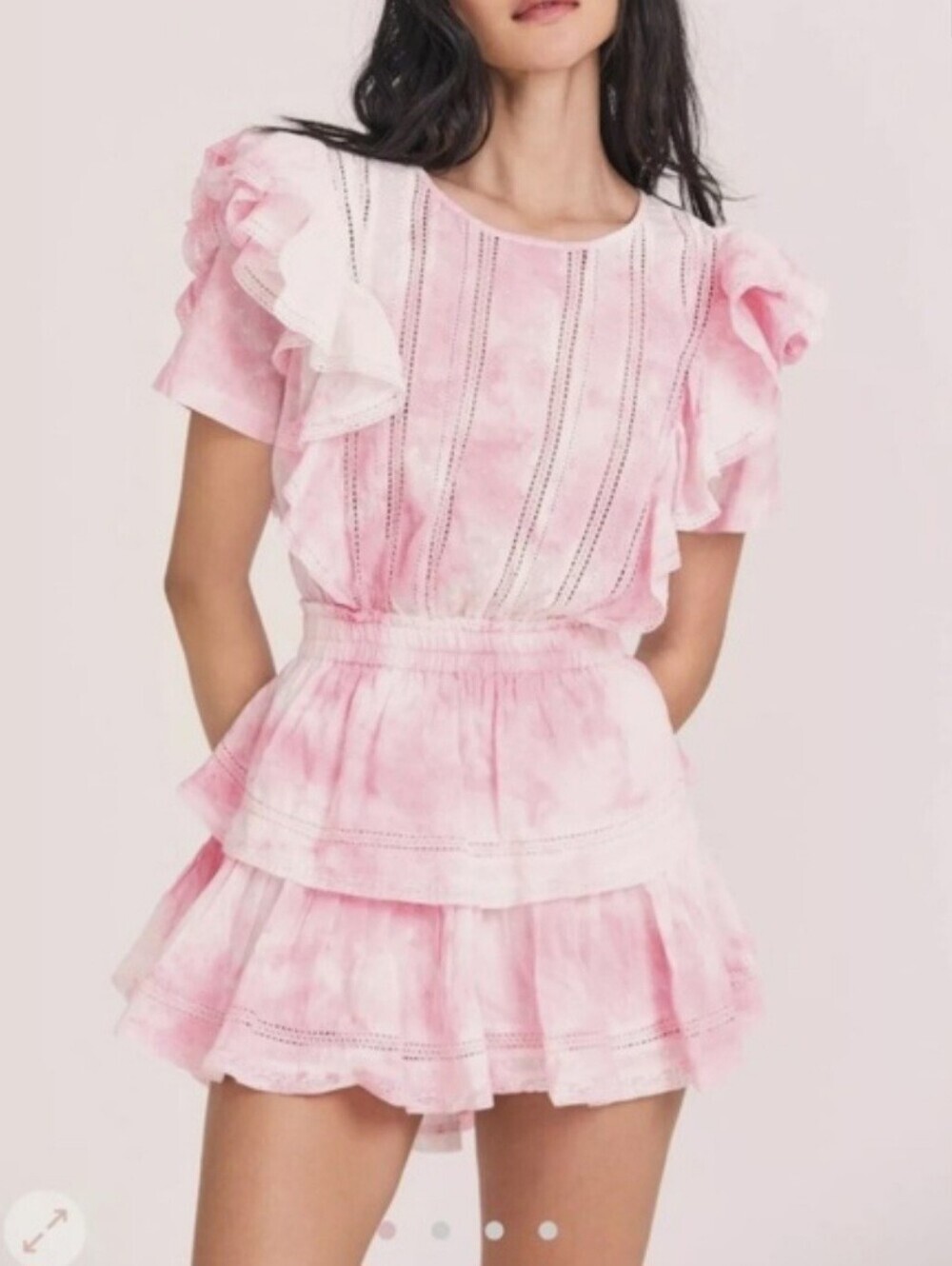 LoveShackFancy Natasha Pink Tie Dye Mini Dress M Ruffle Swiss Dot Cotton Tiered